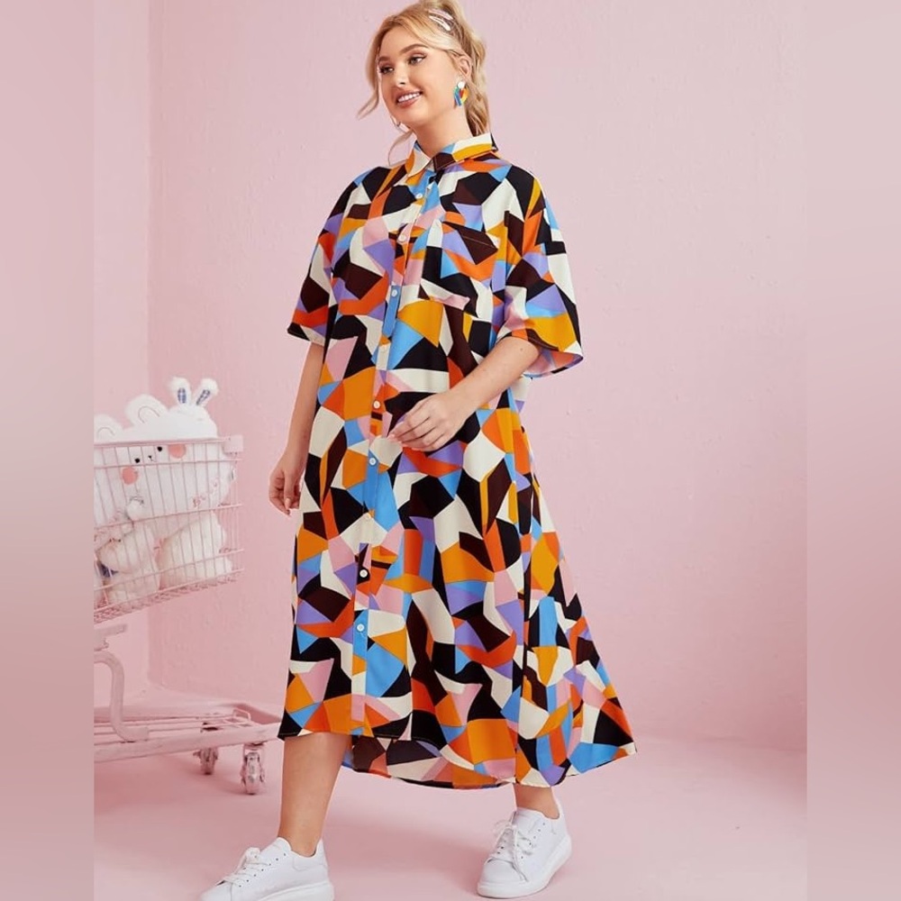 NWOT Drop Shoulder Geo Print Midi Shirt Dress